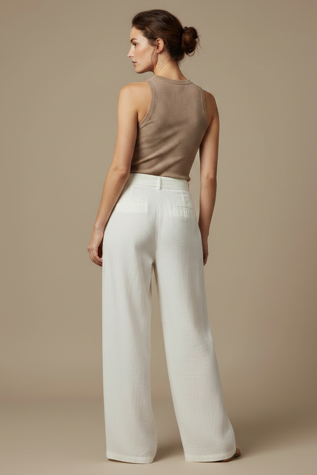 Pantalon Fluide Écru Ample Lin Ceinture Nouée - Blanc - vue 2
