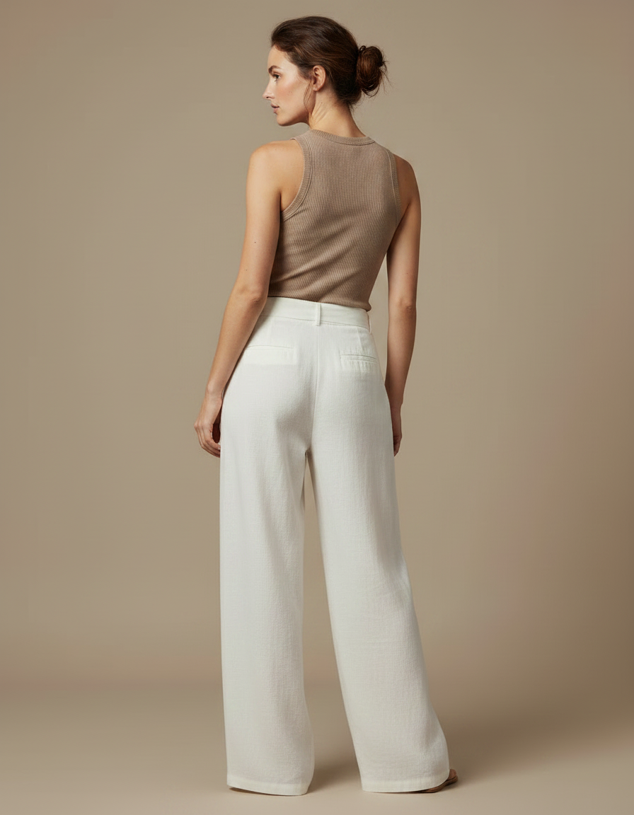 Pantalon Fluide Écru Ample Lin Ceinture Nouée - Blanc - vue 2