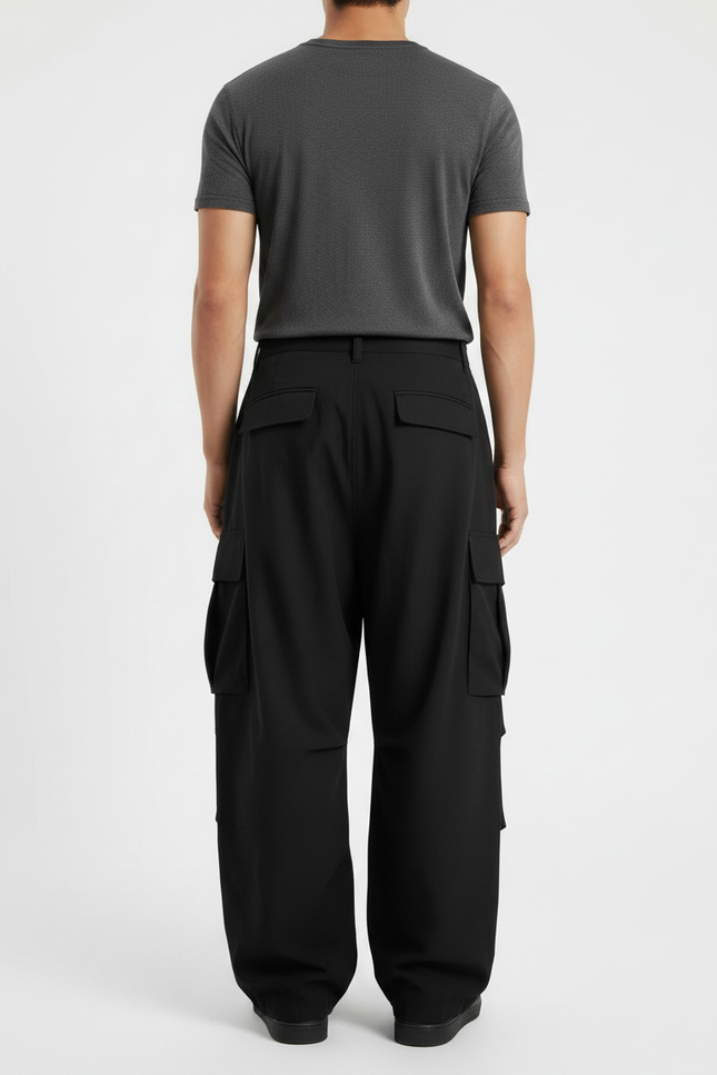 Pantalon Fluide Noir Ample Cargo Homme Décontracté - Polyester - vue 2