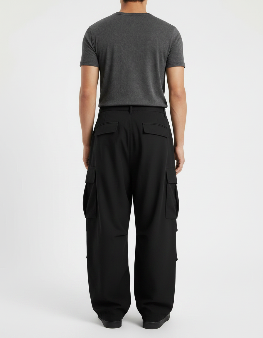 Pantalon Fluide Noir Ample Cargo Homme Décontracté - Polyester - vue 2