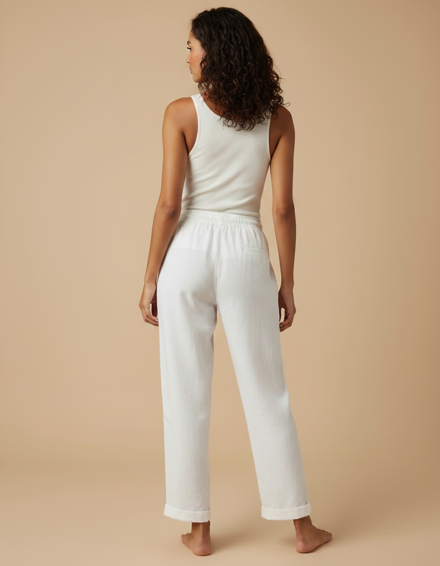Pantalon Fluide Blanc Lin Coton Ample Décontracté Cordon - vue 2
