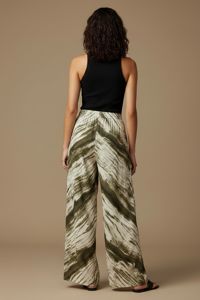 Pantalon Fluide Vert Imprimé Ample Bohème Cordon - Kaki Viscose - vue 2