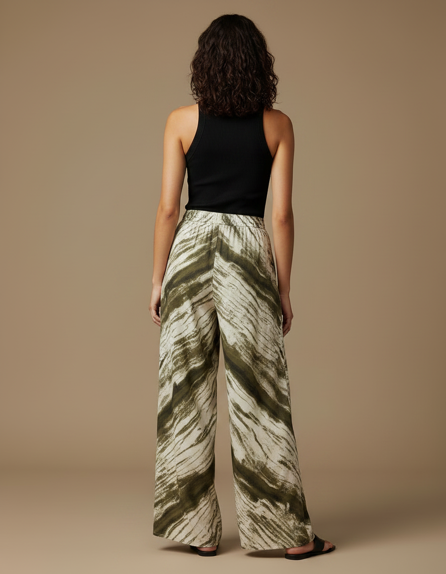 Pantalon Fluide Vert Imprimé Ample Bohème Cordon - Kaki Viscose - vue 2