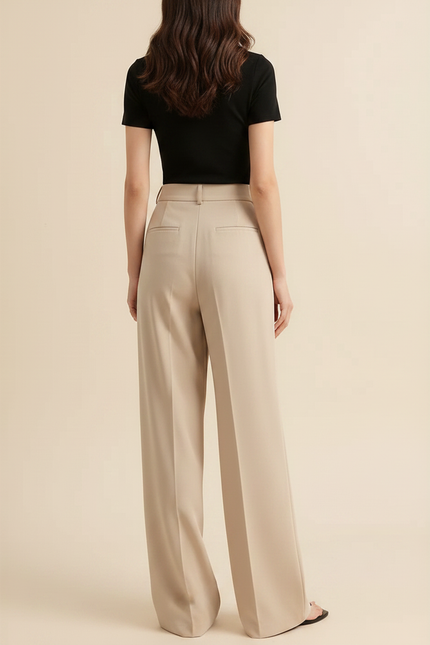 Pantalon Fluide Beige Large Plissé Élégant Droit - Polyester - vue 2