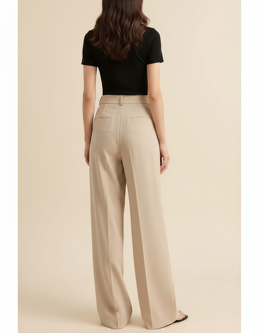 Pantalon Fluide Beige Large Plissé Élégant Droit - Polyester - vue 2