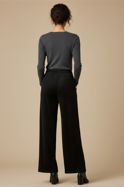 Pantalon Fluide Noir Ample Côtelé Taille Élastique Décontracté - Cordé - vue 2