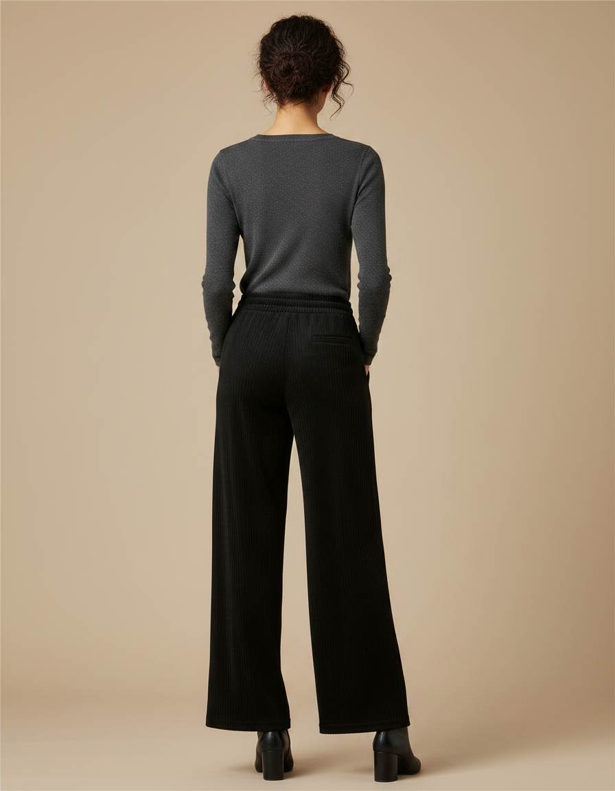 Pantalon Fluide Noir Ample Côtelé Taille Élastique Décontracté - Cordé - vue 2