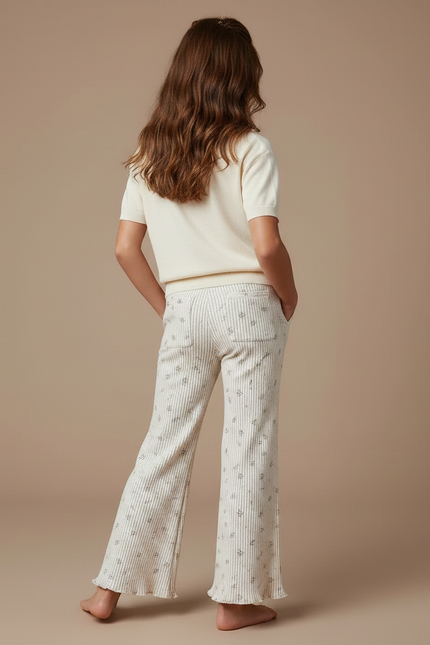 Pantalon Fluide Écru Côtelé Imprimé Floral Ample Enfant - Beige Maille - vue 2