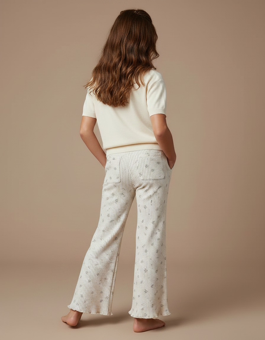 Pantalon Fluide Écru Côtelé Imprimé Floral Ample Enfant - Beige Maille - vue 2