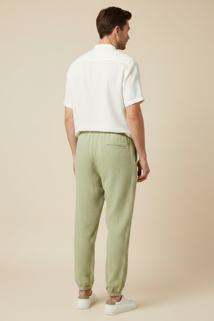 Pantalon Fluide Vert Coton Gaufré Décontracté Homme - vue 2
