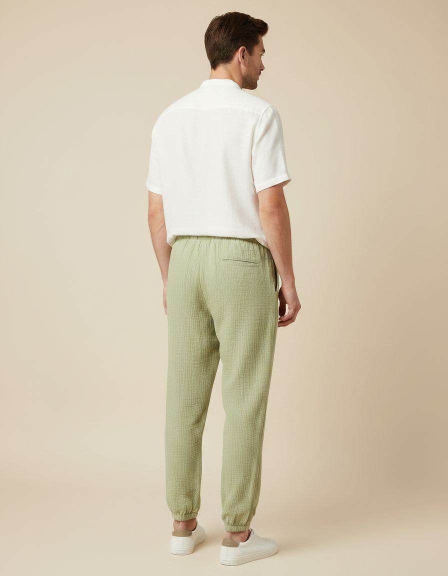 Pantalon Fluide Vert Coton Gaufré Décontracté Homme - vue 2
