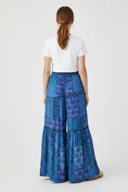 Pantalon Fluide Bleu Imprimé Bohème Élastique Ample - Viscose - vue 2