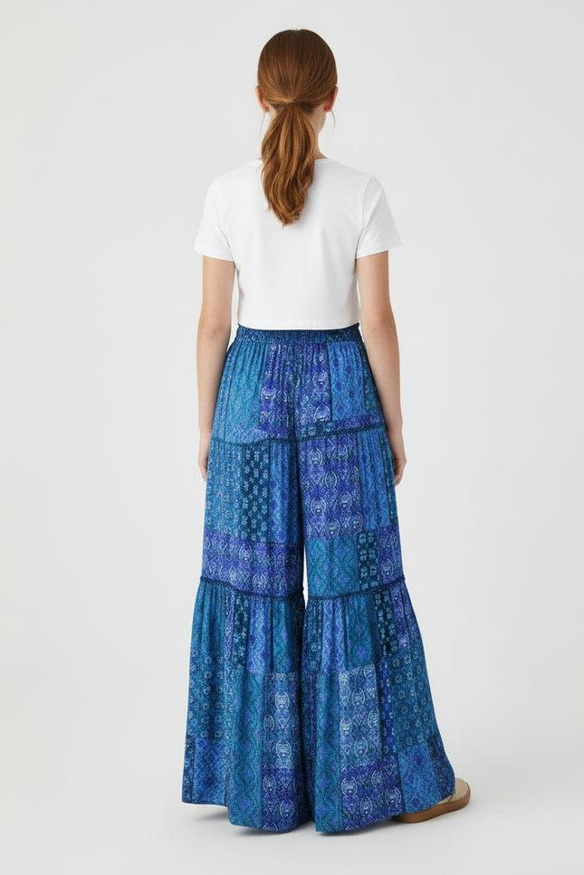 Pantalon Fluide Bleu Imprimé Bohème Élastique Ample - Viscose - vue 2