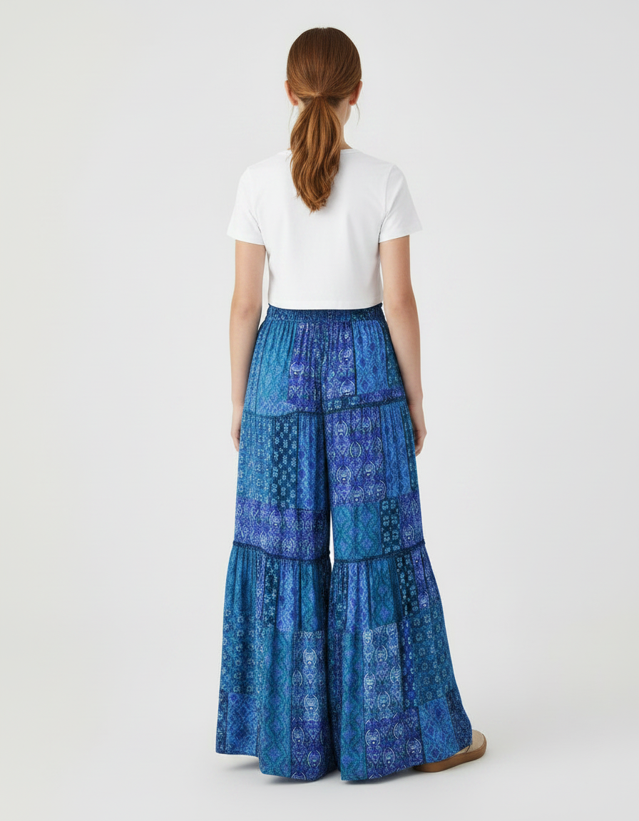 Pantalon Fluide Bleu Imprimé Bohème Élastique Ample - Viscose - vue 2
