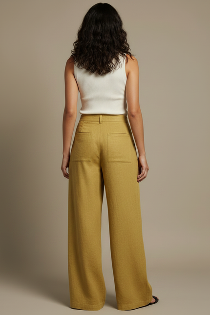 Pantalon Fluide Jaune Moutarde Ample Lin Femme - vue 2