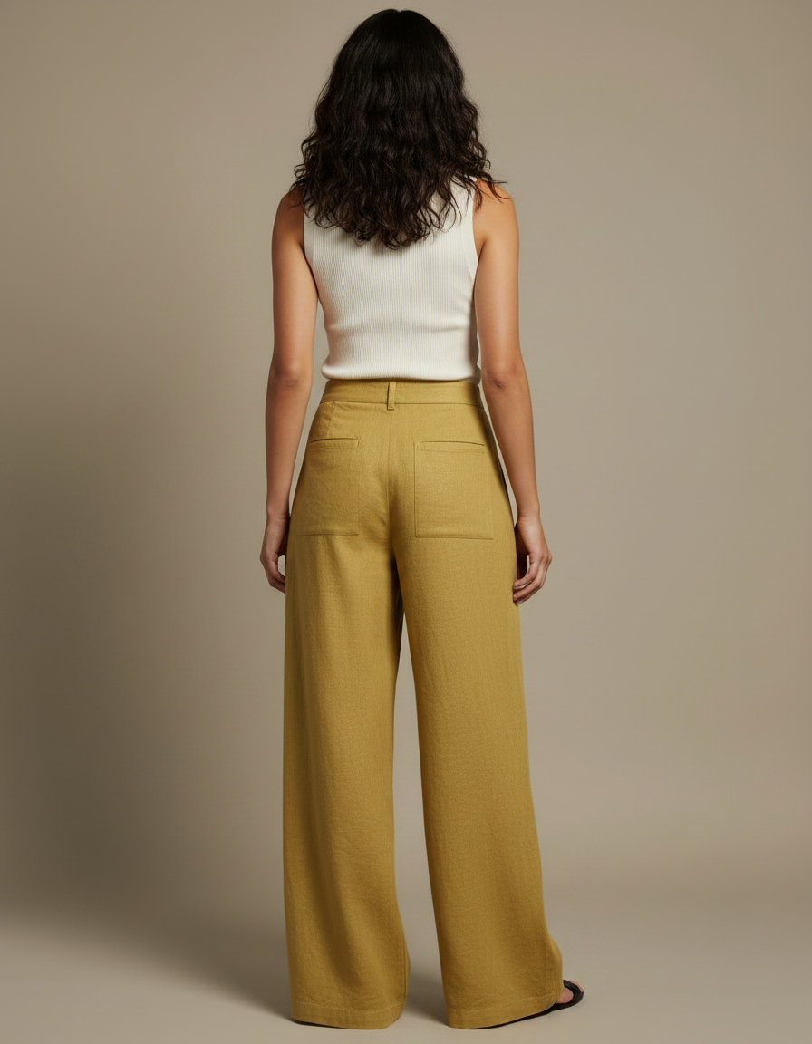 Pantalon Fluide Jaune Moutarde Ample Lin Femme - vue 2