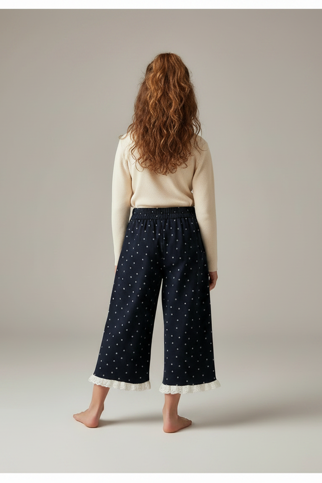Pantalon Fluide Fille Jacquard Points Dentelle Épais - Marine Coton - vue 2