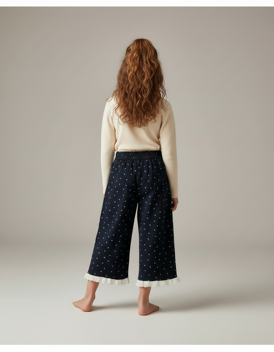 Pantalon Fluide Fille Jacquard Points Dentelle Épais - Marine Coton - vue 2