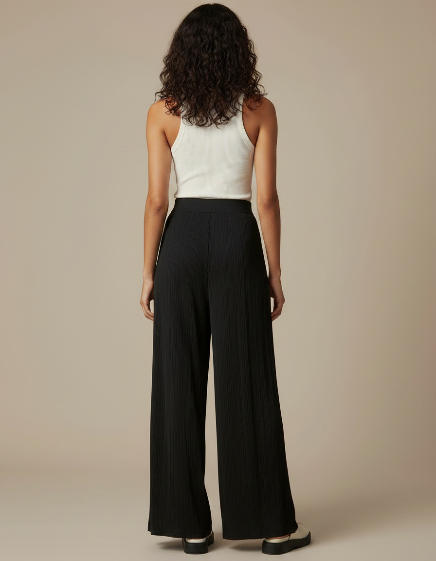 Pantalon Fluide Noir Plissé Ample Confortable Chic - Polyester - vue 2