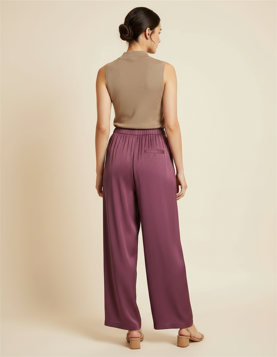 Pantalon Fluide Violet Satiné Ample Décontracté Femme - vue 2