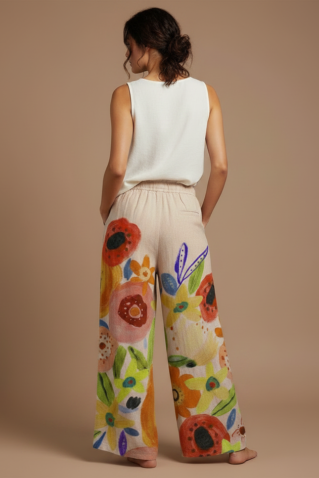 Pantalon Fluide Rouge Fleuri - Multicolore Lin - vue 2