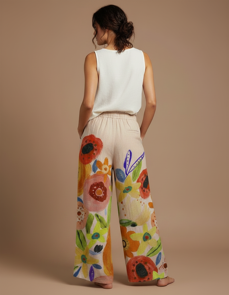 Pantalon Fluide Rouge Fleuri - Multicolore Lin - vue 2