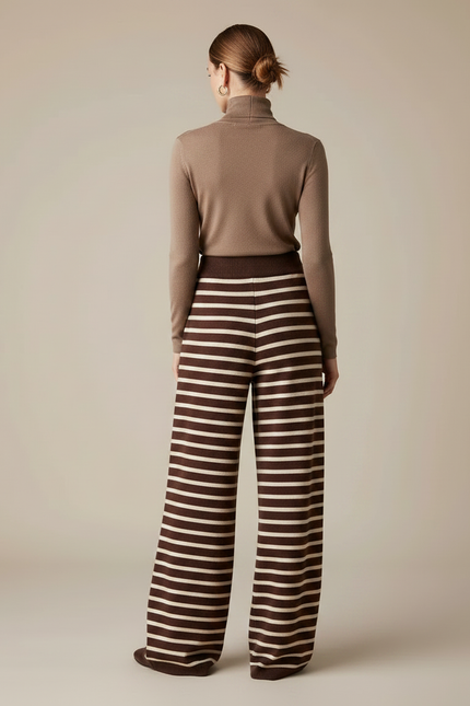 Pantalon Fluide Marron Rayé Tricot Ample Décontracté - Maille - vue 2
