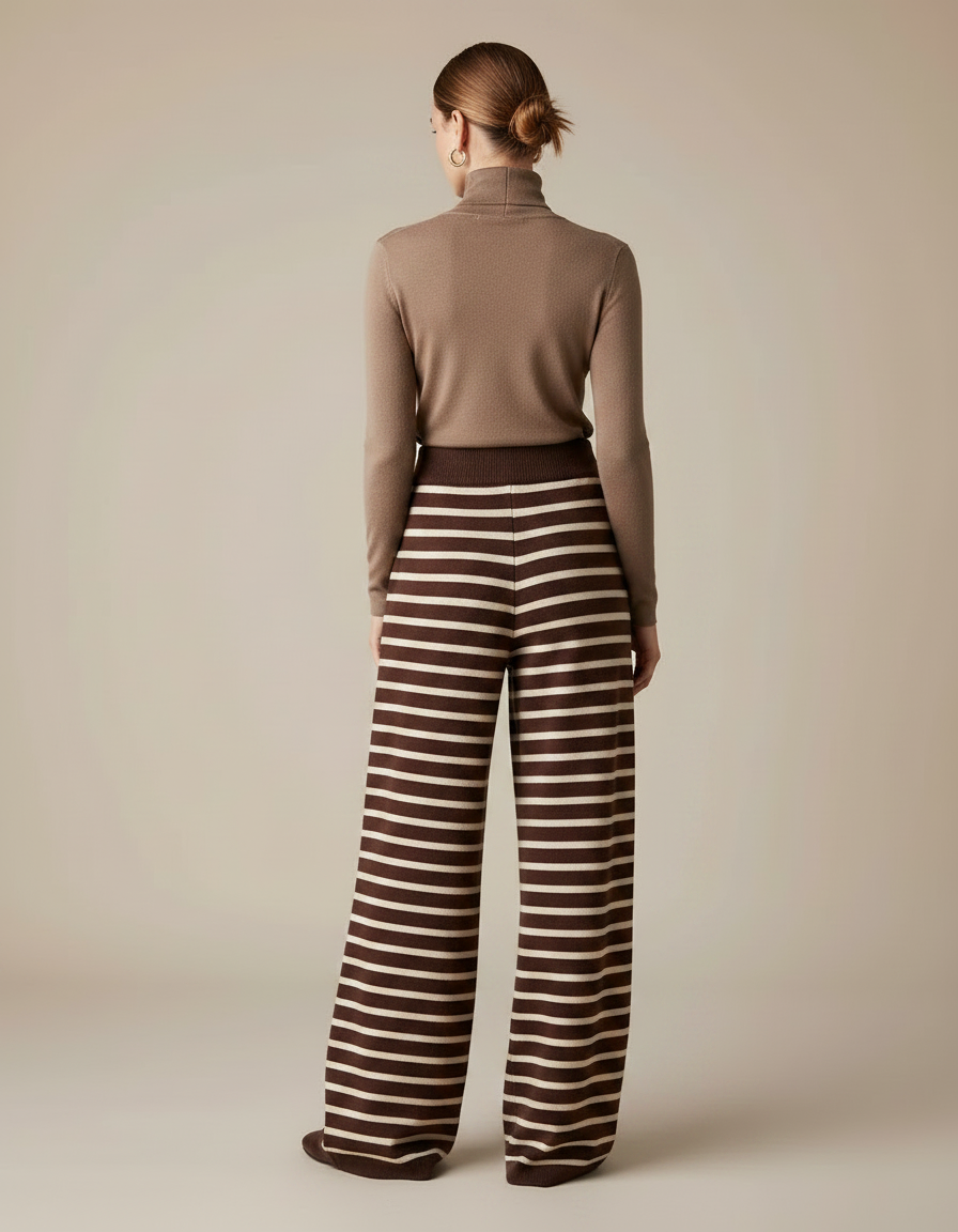 Pantalon Fluide Marron Rayé Tricot Ample Décontracté - Maille - vue 2