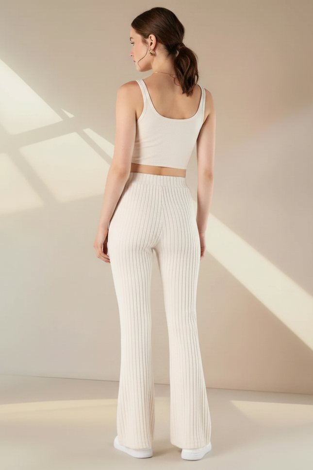 Pantalon Fluide Écru Côtelé Évasé Confortable Élégant - Beige Maille - vue 2