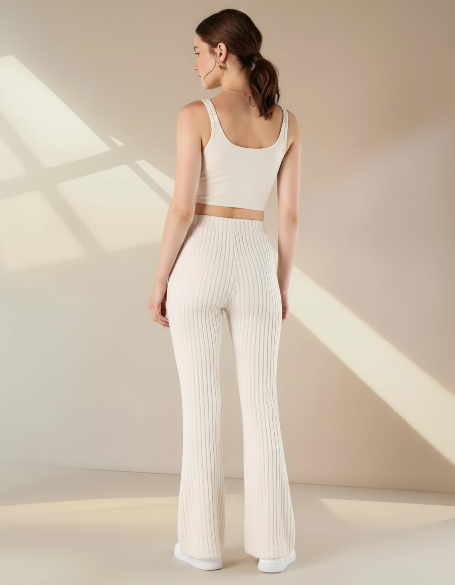 Pantalon Fluide Écru Côtelé Évasé Confortable Élégant - Beige Maille - vue 2