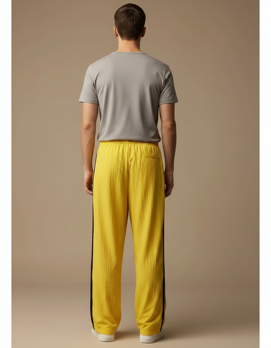 Pantalon Fluide Jaune Ample Rayé Sport Décontracté - Lin - vue 2