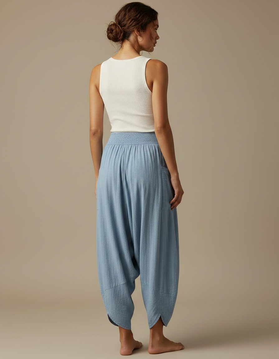 Pantalon Fluide Bleu Ciel Ample Lin Harem Confortable - vue 2
