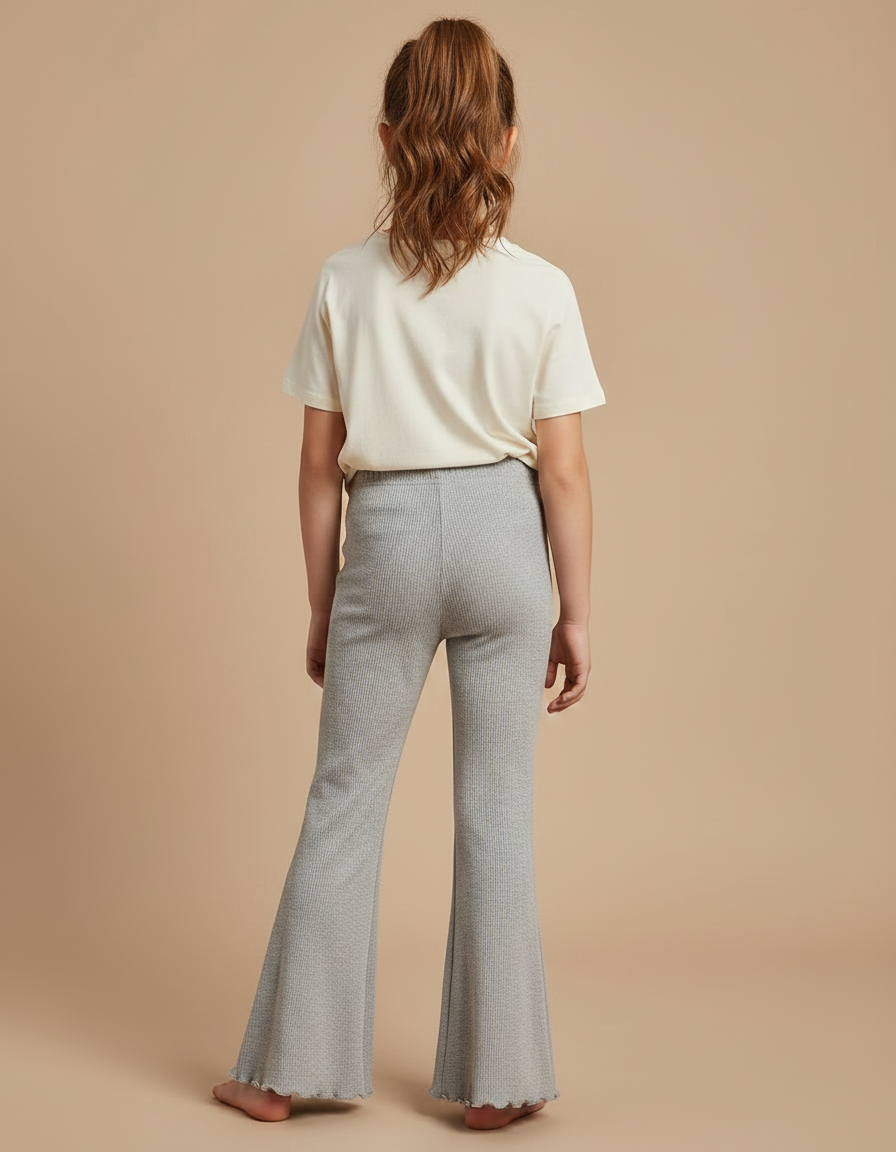 Pantalon Fluide Gris Côtelé Évasé Fille Confortable - Maille - vue 2