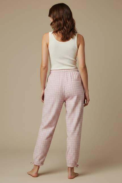 Pantalon Fluide Rose Quadrillé Coton Ample Décontracté Femme - Molleton - vue 2
