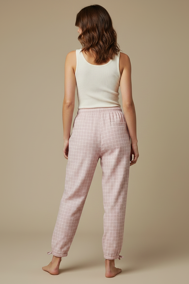 Pantalon Fluide Rose Quadrillé Coton Ample Décontracté Femme - Molleton - vue 2