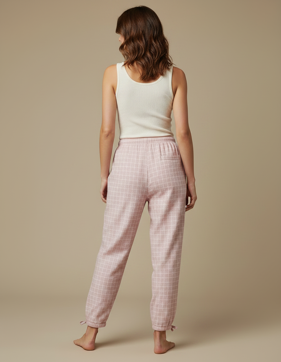 Pantalon Fluide Rose Quadrillé Coton Ample Décontracté Femme - Molleton - vue 2