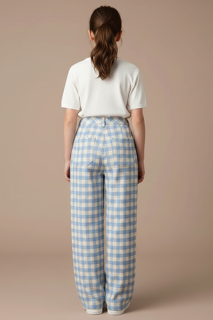 Pantalon Fluide Carreaux Bleus Ample Taille Haute - Tweed - vue 2