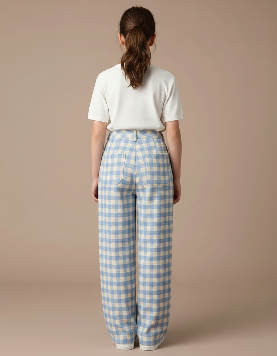 Pantalon Fluide Carreaux Bleus Ample Taille Haute - Tweed - vue 2