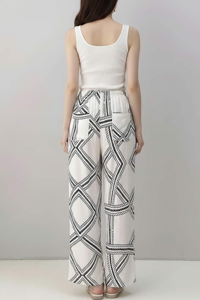 Pantalon Fluide Blanc Imprimé Géométrique Noir Ample - Viscose - vue 2