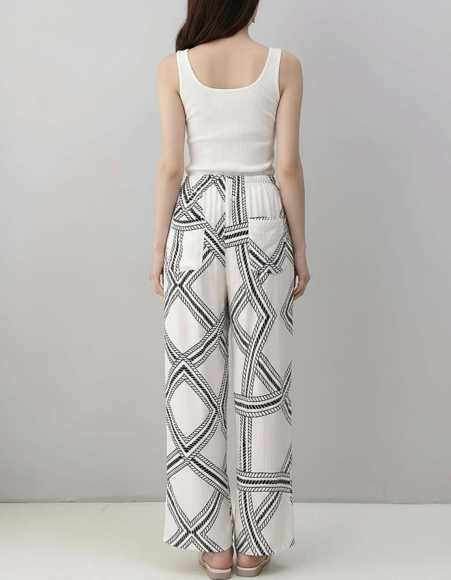 Pantalon Fluide Blanc Imprimé Géométrique Noir Ample - Viscose - vue 2