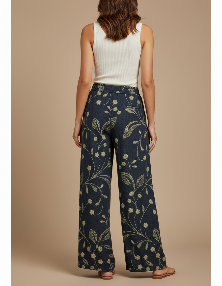 Pantalon Fluide Imprimé Floral Ample Cordon Décontracté Femme - Marine Viscose - vue 2
