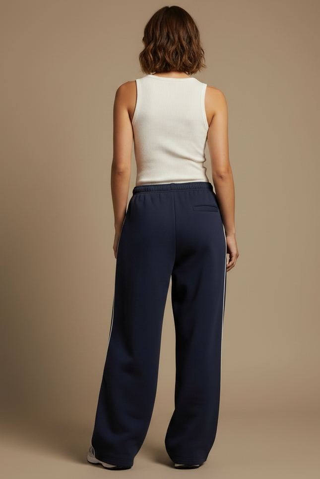 Pantalon Fluide Bleu Marine Ample Rayures Latérales - Molleton - vue 2