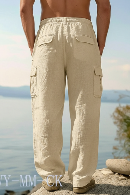 Pantalon Fluide Beige Coton Cargo Décontracté Homme