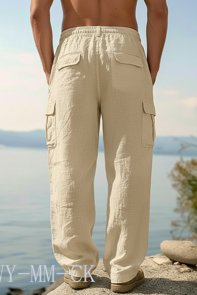 Pantalon Fluide Beige Coton Cargo Décontracté Homme