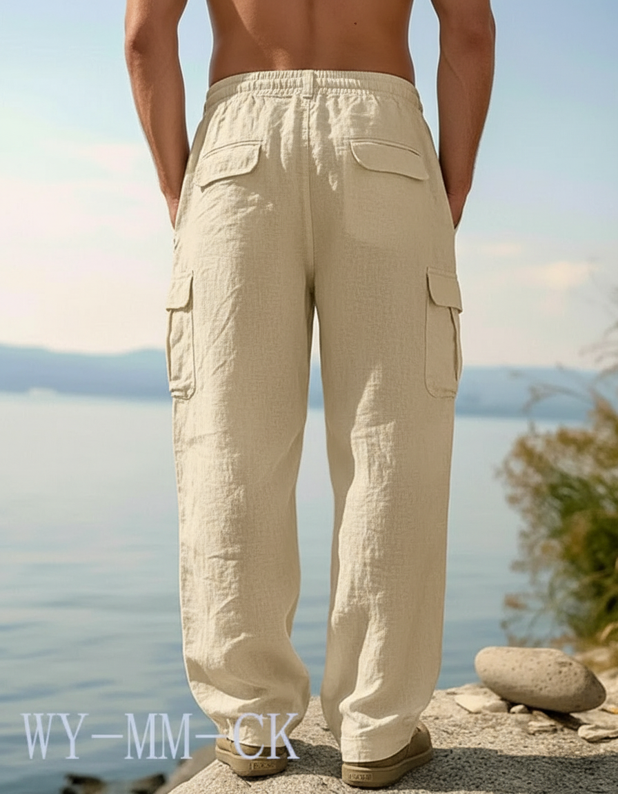 Pantalon Fluide Beige Coton Cargo Décontracté Homme