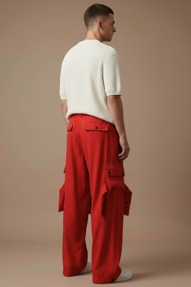 Pantalon Fluide Rouge Cargo Ample Décontracté Homme - Toile - vue 2
