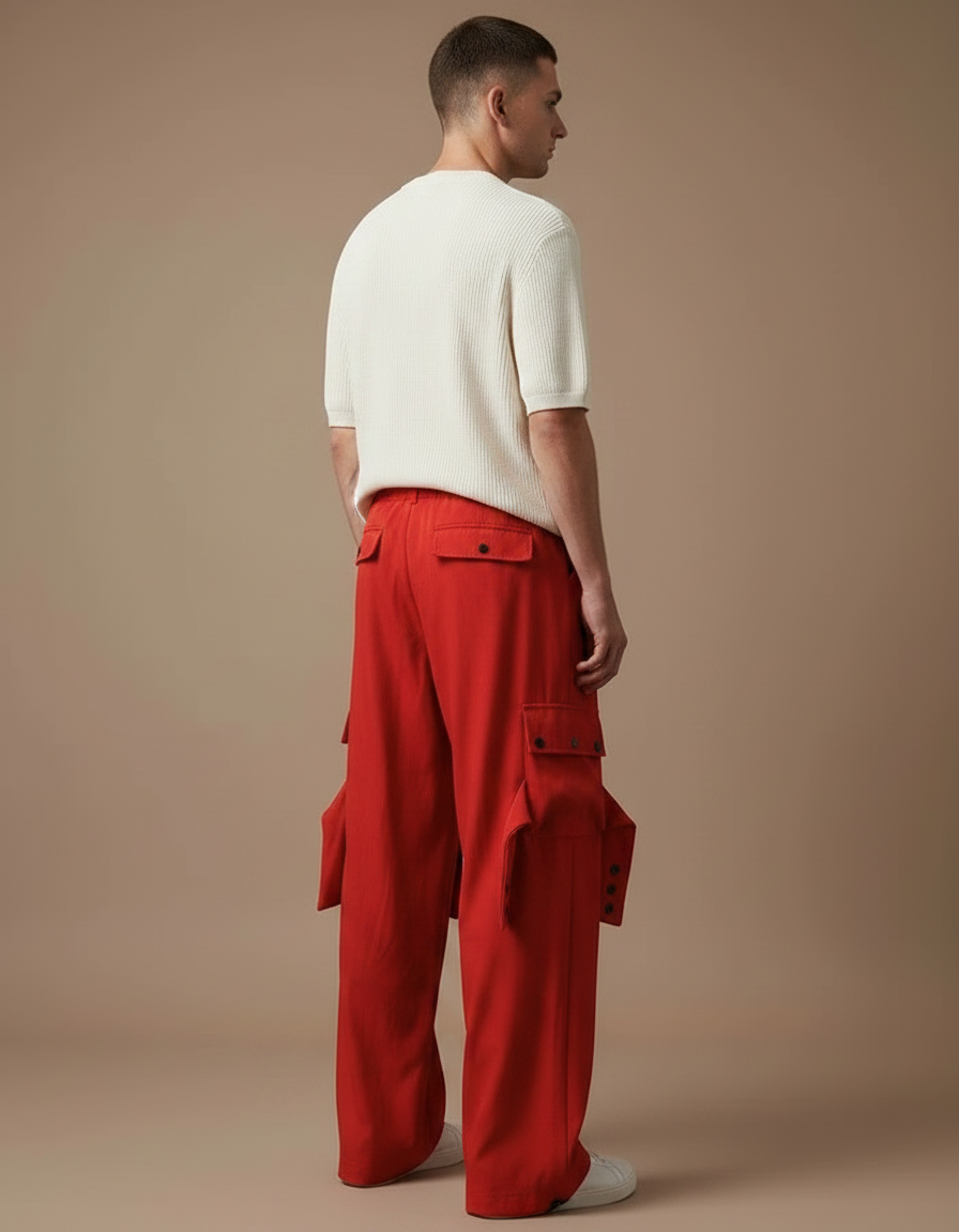 Pantalon Fluide Rouge Cargo Ample Décontracté Homme - Toile - vue 2