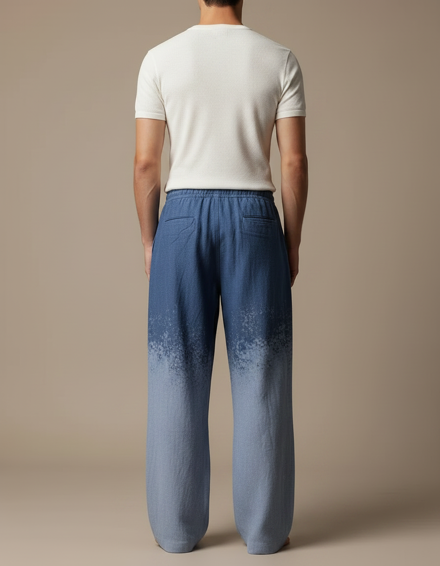 Pantalon Fluide Bleu Dégradé Ample Décontracté Cordon Homme - Lin - vue 2
