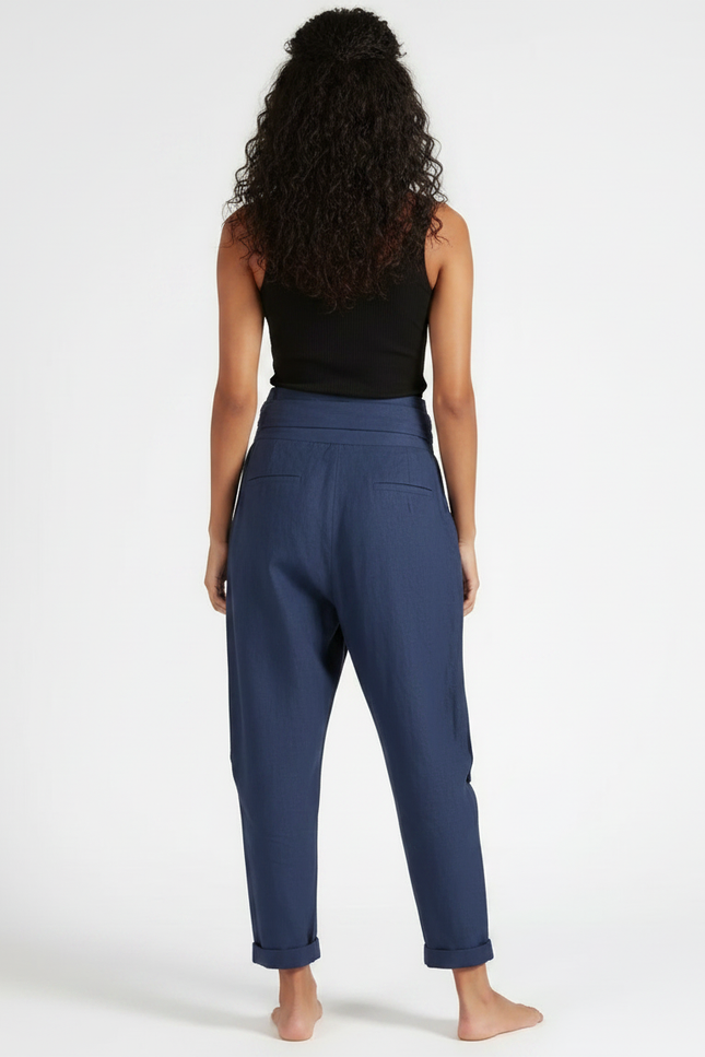 Pantalon Fluide Bleu Marine Irrégulier Ample Décontracté Femme - Lin - vue 2