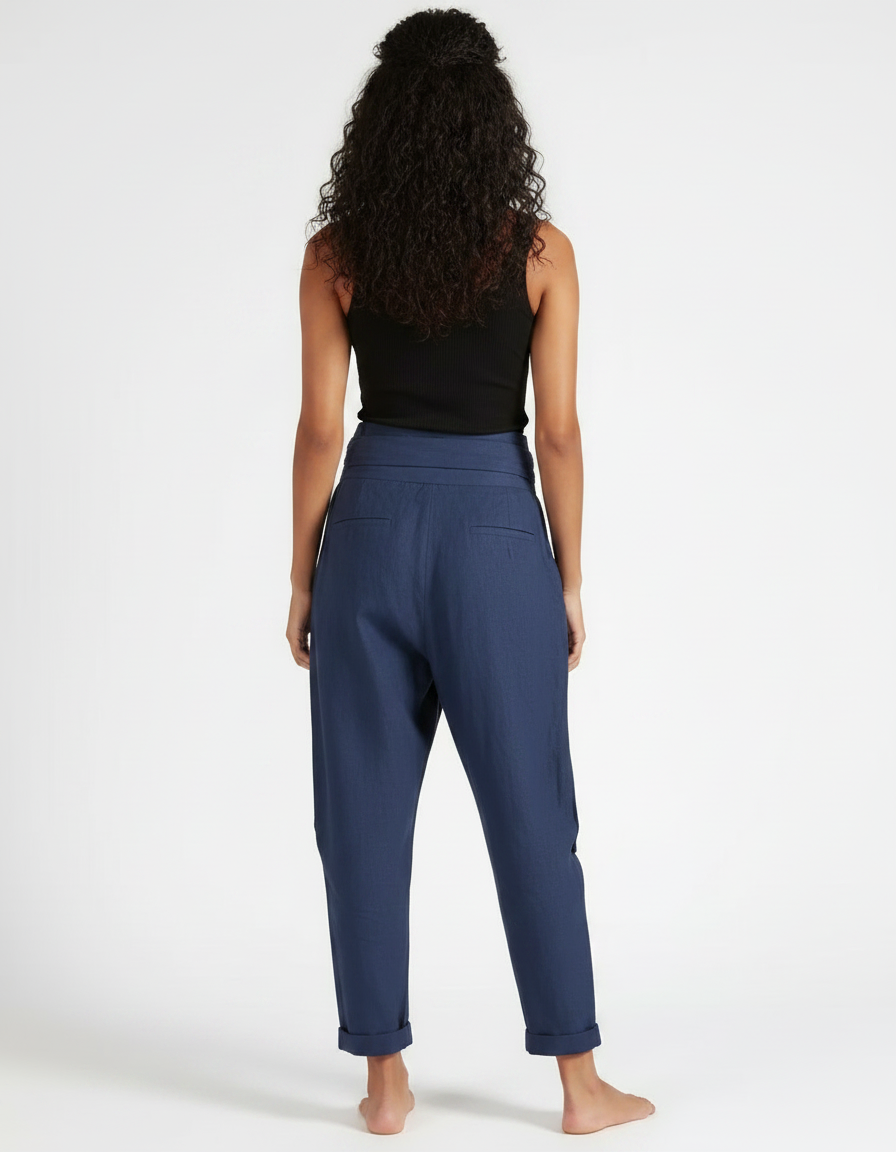 Pantalon Fluide Bleu Marine Irrégulier Ample Décontracté Femme - Lin - vue 2